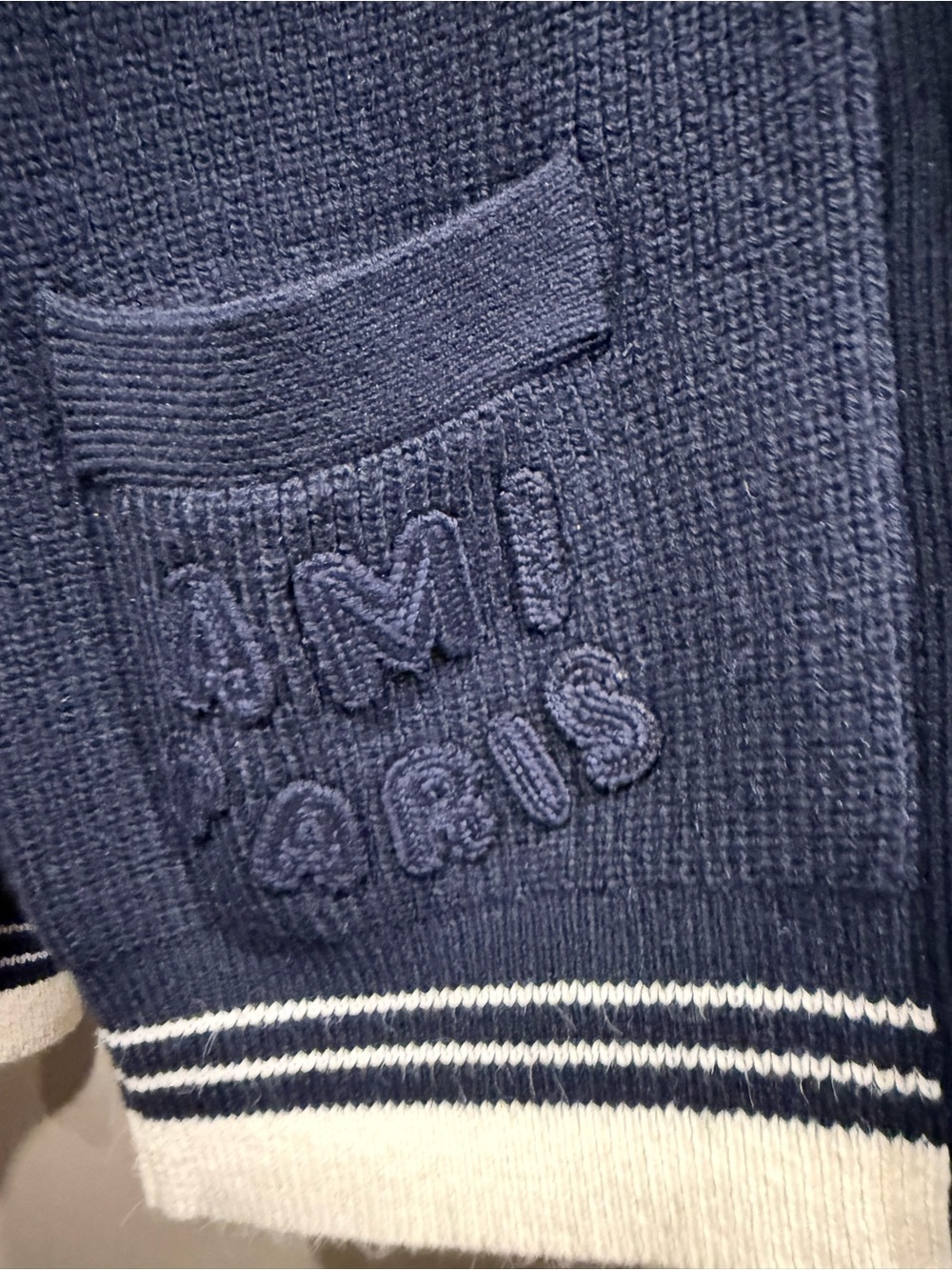Ami Paris Navy Blue Ribbed Cotton V-Neck Button Cardigan image 3